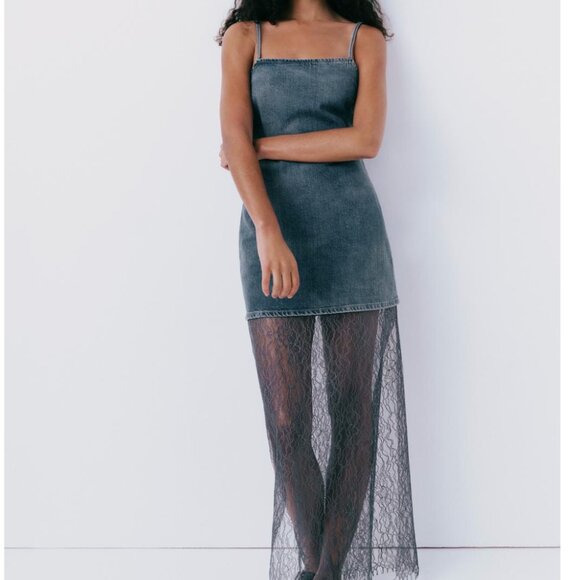 Zara $89  LACE DENIM DRESS BLUE GREY 6045/003 NWT S M L - Picture 4 of 13